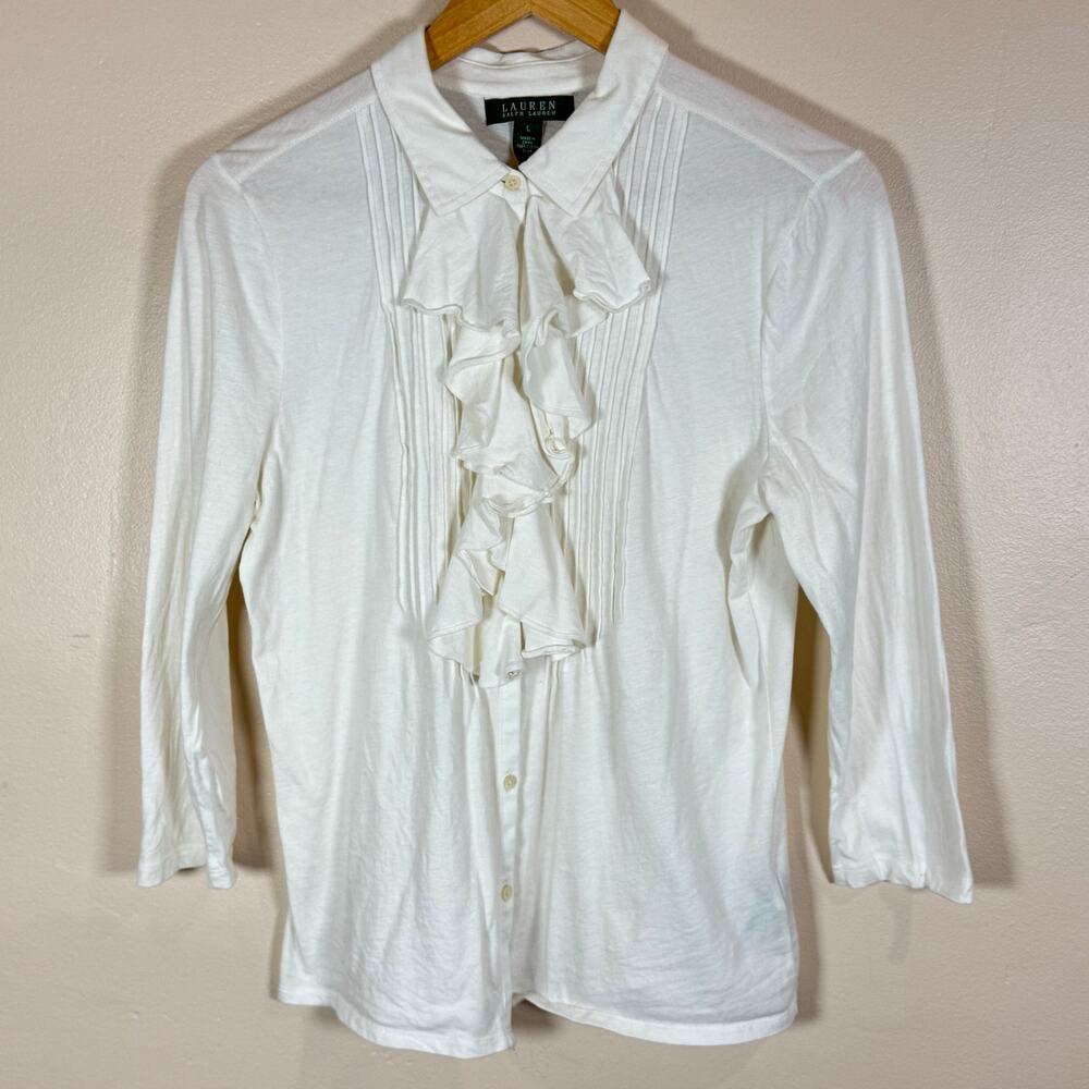 Lauren Ralph Lauren Womens Cotton Blouse Button Down Ruffle Preppy Academia L